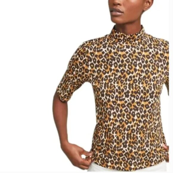 ⭐Leopard Print Mock High Neck Turtleneck Boho Bohemian Hipster Classy Blouse Top - Picture 1 of 4